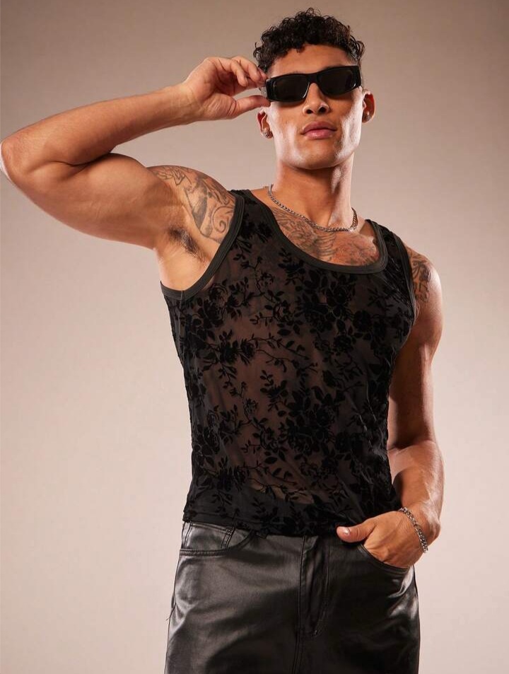 Men's Flocked Mesh Round Neck Sleeveless Tank Top